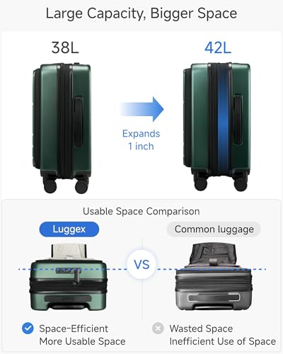 LUGGEX Carry On Luggage 22x14x9 Airline Approved, Expandable Polycarbonate Suitcase with Front Pocket (FX-Core, Green, 20 Inch)