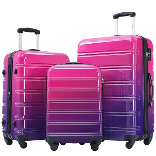 Merax Luggage Sets 3 Piece, Hardside Expandable Suitcase Set with Spinner Wheels, Lightweight Gradient Color Luggage 20+24+28 IN, Purple and Pink