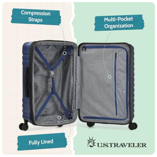 U.S. Traveler Boren Expandable Hardside Rugged Travel Luggage with 8 Spinner Wheels, Navy, Checked-Medium 26-Inch