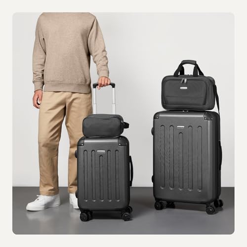 Amazon Basics 4-Piece Luggage Set, Hardside Suitcases with Spinner Wheels (22" Carry On & 28" Checked), Tote Bag & Travel Bag, Black