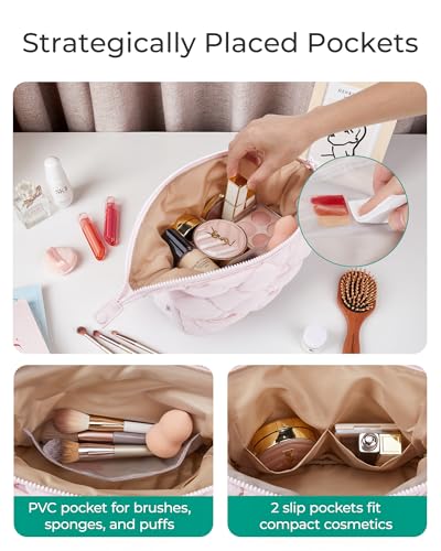 BAGSMART Quilted Travel Makeup Bag, Puffy Toiletry Organizer with Wide Opening, Cosmetic Storage for Women's Accessories, Lake bule