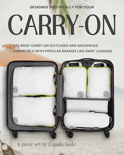 Compression Packing Cubes for Travel, 6-Piece Lightweight Packing Cubes Set for Carry-On Luggage & Backpacks – TRIPPED Travel Gear (White and Green)