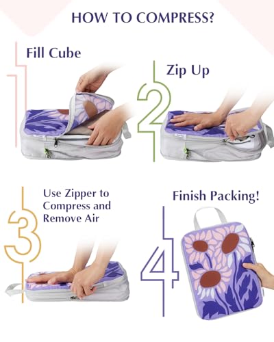 Gonex Compression Packing Cubes, 4pcs Expandable Storage Travel Luggage Bags Organizers, Travel Cubes for Suitcase Carry On (Flowers)