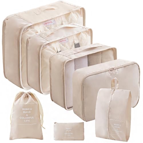 HLILai Packing Cubes for Travel - 7 Set Luggage Organizer Bags for Family, Mesh Breathable Travel Packing Cubes for Suitcases Durable Essentials Bags Set with Large Toiletries Bag(Beige)