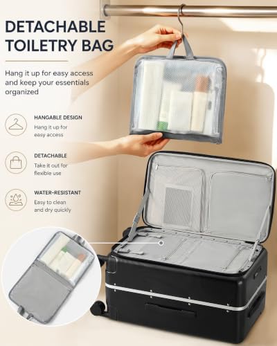 Hanke 24 Inch Top Opening Medium Suitcase, Aluminum Frame Hard Shell Suitcases with Wheels, TSA Lock, Large Storage Travel Luggage with Removable Divider & Toiletry Bag (Jet Black)