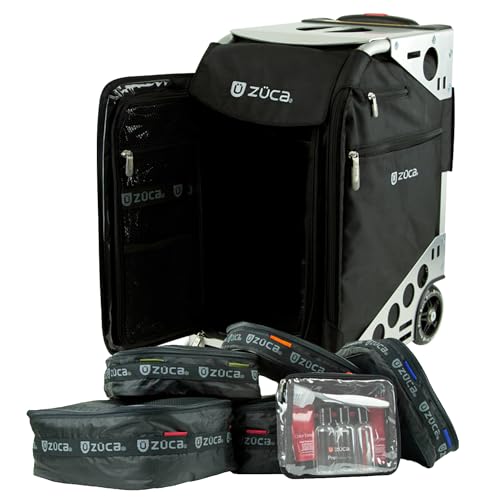 ZUCA Pro Carry On Luggage with Wheels - Black Bag and Silver Frame, with 5 Packing Pouches, Travel Cover, and Built-In Seat