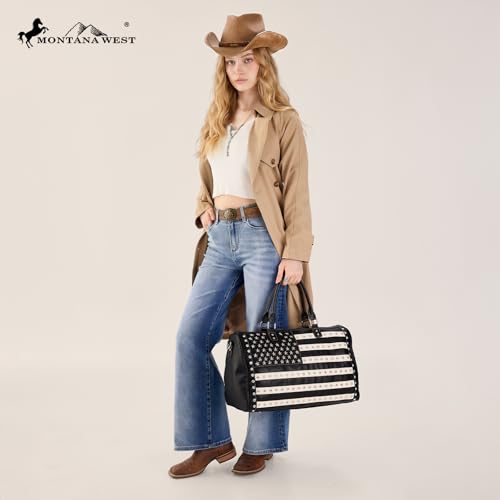 Montana West American Flag Studded Weekender Bags Patriotic Duffle Bag Large Carry on for Men & Women, Black