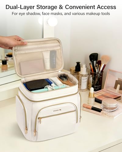 Hanke Large Toiletry Bag for Women Travel, Double Layer Organizer with Wide Opening for Full-Size Cosmetics & Toiletries, 12.2L Water-Resistant Makeup Bag,Off White