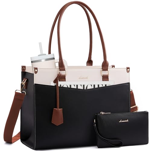LOVEVOOK Laptop Bag for Women, 2-in-1 Tote Purse with Clutch & Cup Holder, Waterproof Briefcase for Work Travel, Large Capacity Structured Work Bag 15.6 Inch, Black-Beige-Brown