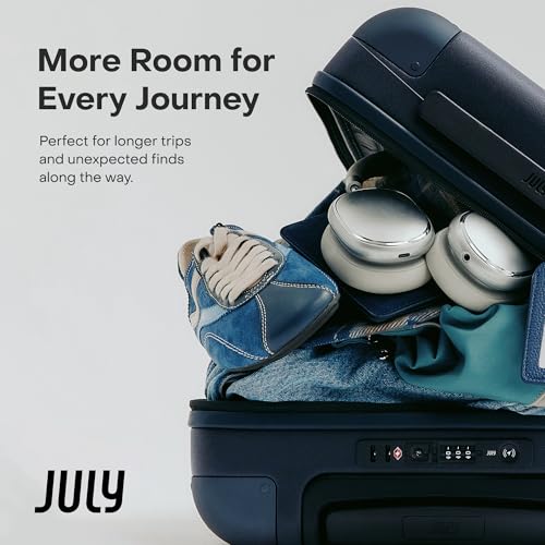 July Checked with CaseSafe - 24.5" Built in Tracking, Airline Approved Check In Luggage with Wheels, Spinner Suitcase for Men & Women - Rolling Suitcase, Spinner Wheels, Y-Strap - Navy