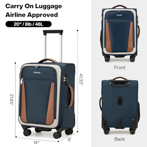 mixi Carry On Luggage 20 Inch Softside Expandable Suitcase with Front Pocket, 22x14x9 Airline Approved Rolling Lightweight Travel Suitcases with Wheels & TSA (Deep Blue-Off White)