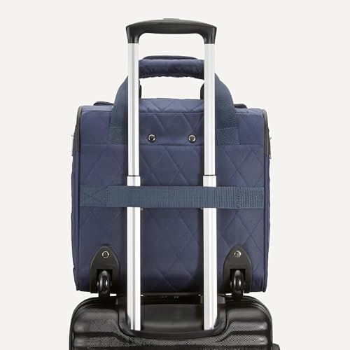 Amazon Basics Underseat Carry-On Luggage with Wheels, 14" Rolling Travel Bag, Fits Under the Seat with Multiple Pockets and Compartments, Navy Quilted