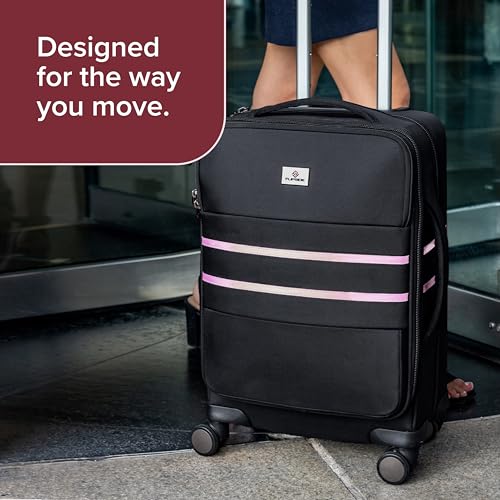 FlipSide Carry On Luggage 22"x14"x9" with Movable Partition for Clean & Dirty Clothes - Utility Pocket, AirTag Compartment with 360 Degree Spinner Wheels - Ideal for Frequent Travelers - Pink Stripes