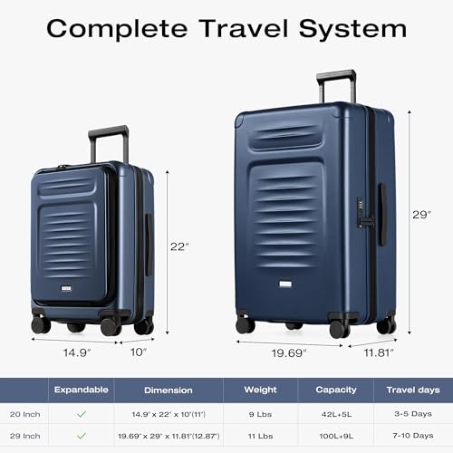 Coolife Luggage Sets Checked Suitcases - 2 Piece, Travel Carry on with Spinner Wheels, Expandable Hardside Large Suitcase with TSA Lock,20+29 Inch Blue