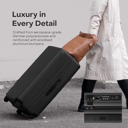 July Checked with CaseSafe - 24.5" Built in Tracking, Airline Approved Check In Luggage with Wheels, Spinner Suitcase for Men & Women - Rolling Suitcase, Spinner Wheels, Y-Strap - Charcoal