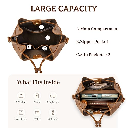 S-ZONE Genuine Leather Bucket Bags for Women Drawstring Crossbody Purses Shoulder Top Handle Handbags with 2 Straps