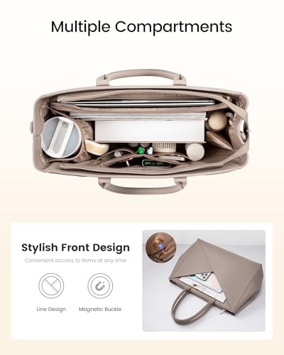 LOVEVOOK Laptop Tote Bag for Women with Large Cup Holder, 15.6 Inch PU Leather Work Bag Teacher Tote Bag, Waterproof Computer Bags Business Office Briefcase Handbag