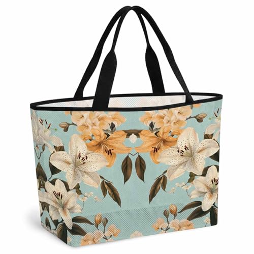 Watercolor Flower Mesh Beach Bag Tote Waterproof Sandproof,Lily Seasonal Botanical Blooms Summer Pool Bag Beach Essential