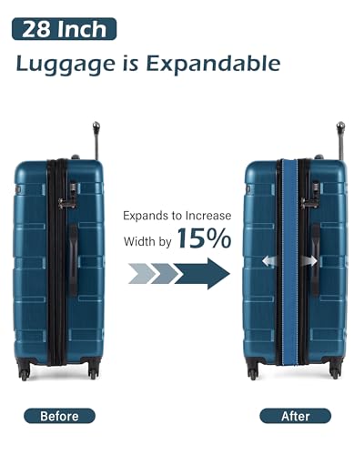 Coolife Expandable Large Checked Luggage Hardside PC+ABS Suitcase with TSA Lock, Lightweight Rolling Carry On with Spinner Wheels(Caribbean Blue, 28in)