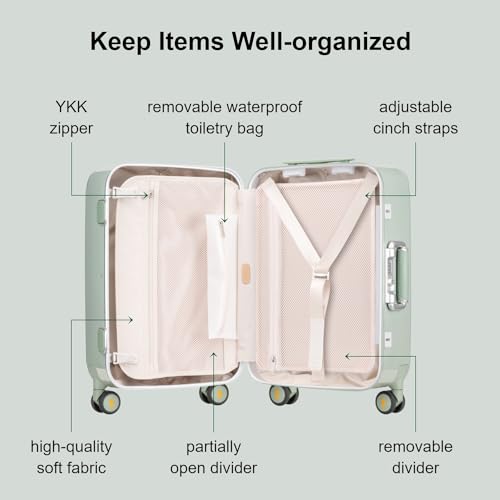 LEVEL8 Zipperless Carry On Luggage Airline Approved with Aluminum Frame, Cute Hardside Suitcase with Spinner Wheels, Metal Rolling Travel Case with Tsa Locks, 20 Inch, Light Green