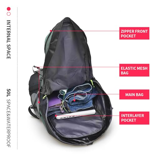 Bseash 50L Hiking Backpack, Water Resistant Lightweight Outdoor Sport Daypack Travel Bag for Camping Climbing Skiing Cycling (Army Green - With Shoe Compartment)