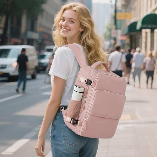 Sinaliy Travel Backpack for Women, Airline Approved Carry on Personal Item Bag, Waterproof 16 Inch Laptop Backpack for Work, College School Business, Convertible Travel Bag with Wet Pocket, Pink