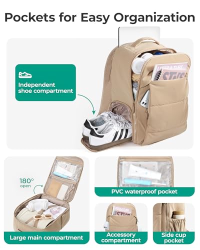 BAGSMART 30L Travel Backpack for Women, Carry on Backpack for Airplanes, Gym Backpack with Shoe Compartment, Lightweight Travel Bag Fits 15.6 Inch, Water-Resistant, Desert