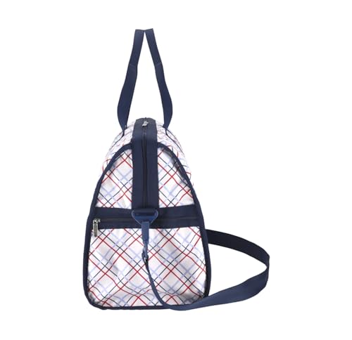 LeSportsac Modern Tattersall Deluxe Large Weekender Crossbody Bag, Style 4319/Color E839, Classic Navy & Bold Red Unite on Crisp White Bag, Modern Lilac Accent, Fun Interpretative Tartan Plaid