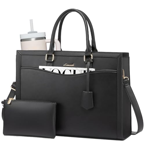 LOVEVOOK Laptop Tote Bag for Women, Leather Office Work Bag Briefcase fit for 15.6 inch Laptop, Large Teacher Computer Bag Handbag,2pcs Set Leather/Black