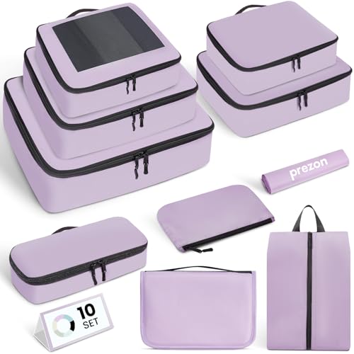 Prezon Mesh Packing Cubes for Travel, Durable Luggage Organizer with Sturdy Material and Double Zippers, Comprehensive Set for Travel Accessories Storage, 10 set, purple