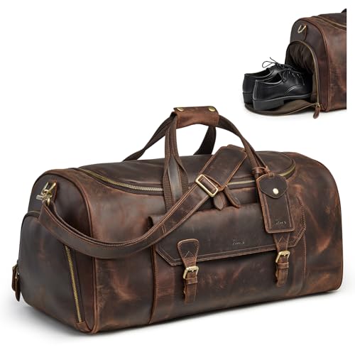 S-ZONE Genuine Leather Travel Duffle Bags for Men Women Carry On Garment Weekender Bags(Dark Brown)