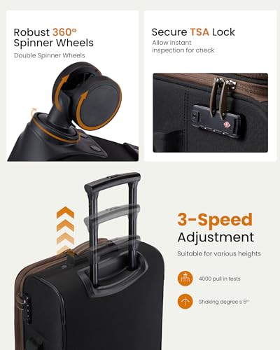 LOVEVOOK Carry On Luggage 22x14x9 Airline Approved,20 Inch Suitcases with Spinner Wheels,Softside Carry-on Suitcase with TSA Lock for Men Women Business Trip Weekender Travel,Black&brown