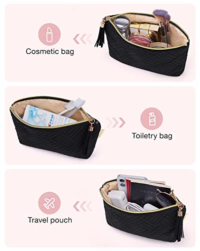 BAGSMART Small Makeup Bag, Elegant Cosmetic Pouch with Tassel, Soft Water-Resistant Travel Organizer for Women, Cosmetics & Everyday Essentials, Black