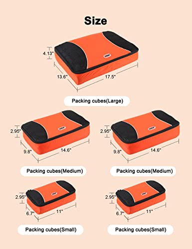 GOX Premium 5-Piece Packing Cubes Set for Travel, Lightweight Durable Luggage Organizer Bags with Double Zipper Mesh Top, 1 Large 2 Medium 2 Small, Nylon, Space-Saving Suitcase Storage (Orange)
