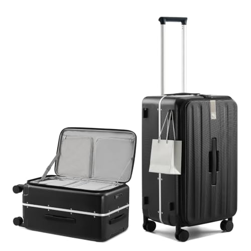 Hanke 24 Inch Top Opening Medium Suitcase, Aluminum Frame Hard Shell Suitcases with Wheels, TSA Lock, Large Storage Travel Luggage with Removable Divider & Toiletry Bag (Jet Black)