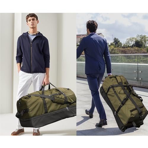 Bagenerous 110L/140L Expandable Soft-Sided Foldable Duffle Bag with 2 Rubber Wheels,Packable 32” Rolling Carry-On with Multi-Pockets & Compartments,Army Green