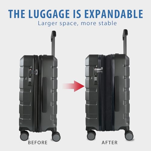 KROSER Hardside Expandable Carry On Luggage with Spinner Wheels & Built-in TSA Lock, Durable Suitcase Rolling Luggage with USB Port, Carry-On 20-Inch Steel Grey