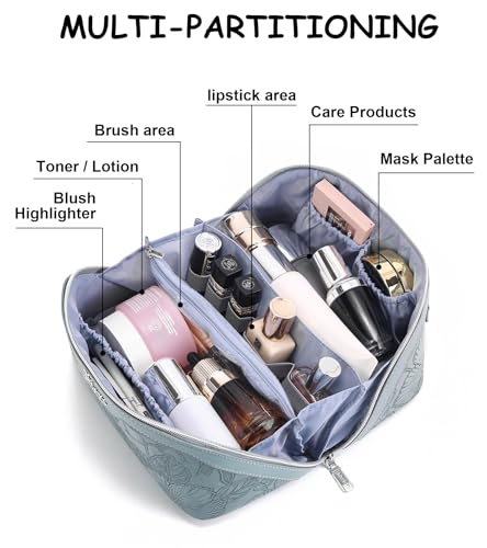 BOYATU Travel Makeup Bags Cosmetic Organizer Bag: 3 Pcs Set Large Capacity Floral Make up Bag with Compartments - Waterproof Leather Toiletry Bags with Handle for Women (01-Light Blue)