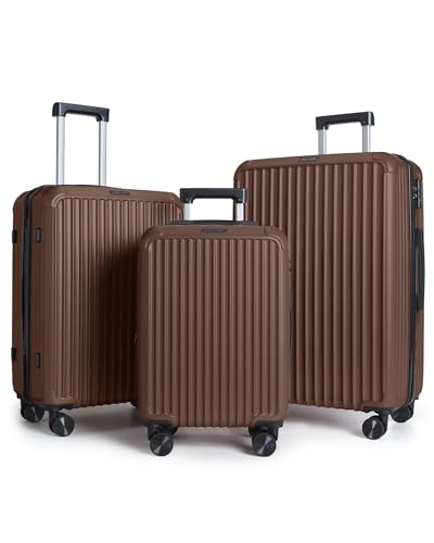 LIGHT FLIGHT Luggage Sets, Durable Hard Shell 3 Piece Set Suitcase with Spinner Wheels, Hardside Lightweight Luggage set with TSA Lock, Large Travel Luggage Set (20" 24" 28"),Coffee Brown