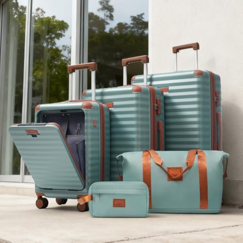 Merax Luggage Sets 5 Piece with 20 Inch Front Opening,24" & 28" Hardside Expandable Carry on Suitcase with Spinner Wheels TSA Lock USB Port Cup Holder Duffel Bag and Toiletry Bag,Blue Green