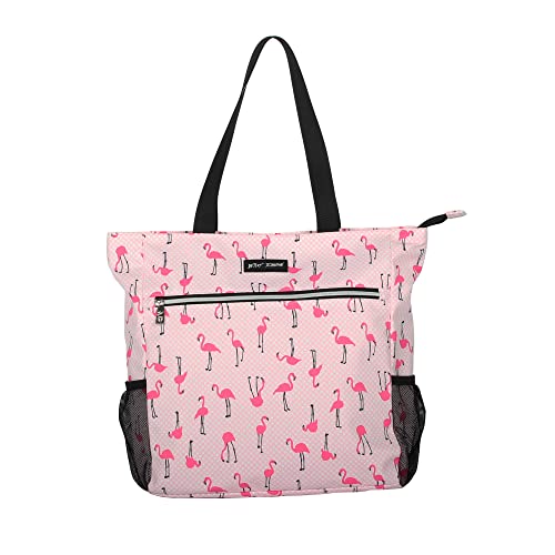 Betsey Johnson 15.6 Inch Zipper Beach Tote Bag Lightweight Large Durable Polyester with Mesh Side Pockets for Gym Work, Flamingo Strut
