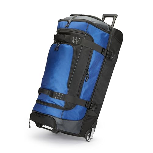 Amazon Basics 35-Inch Large Rolling Duffel Bag for Travel with Wheels and Handle, Durable Ripstop Polyester, 2 Layers of Space, Multiple Interior and Exterior Pockets, Blue