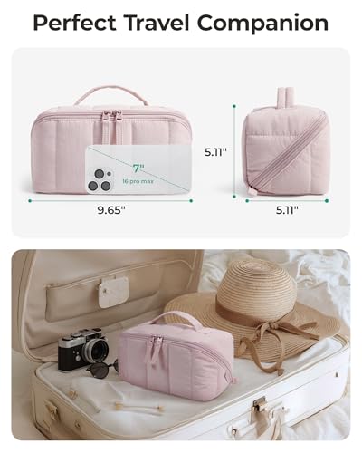 BAGSMART Travel Makeup Bag for Women, Portable Water-resistant Cosmetic Case, Puffy Padded Make Up Organizer Pouch, Open Flat Toiletry Bag for Toiletries, Brushes, Brown