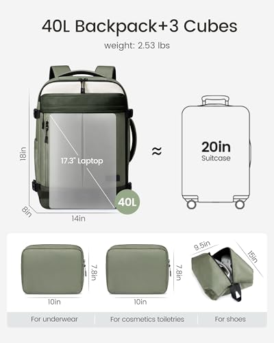 LOVEVOOK 40L Travel Backpack for Women, Airline Approved Carry On Luggage with 3 Cubes Accessories, TSA Personal Item Travel Cruise Essentials, Waterproof Weekender Overnight Bags fits 17" Laptop