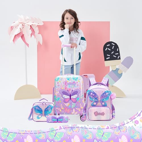 Inprof Kid’s Luggage Set 5 Piece Suitcase Set 16’’ Hardside Luggage with Spinner Wheels Girls Carry on Toddler Travel Rolling Suitcase Carry on Luggage Airline Approved