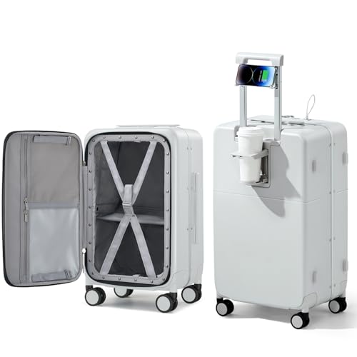 Hanke 24 Inch Checked Luggage with Cup Holder and USB Ports,Top Opening Hard Shell Suitcase with Wheels,Aluminum Frame Trunk Luggage with Foldable Dividers & TSA Lock for Travel, Smoke White