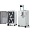 Hanke 24 Inch Checked Luggage with Cup Holder and USB Ports,Top Opening Hard Shell Suitcase with Wheels,Aluminum Frame Trunk Luggage with Foldable Dividers & TSA Lock for Travel, Smoke White