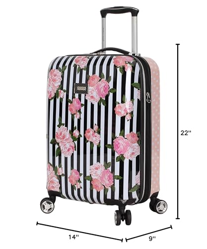 Betsey Johnson Designer 20 Inch Carry On - Expandable (ABS + PC) Hardside Luggage - Lightweight Durable Suitcase With 8-Rolling Spinner Wheels for Women (Stripe Roses)