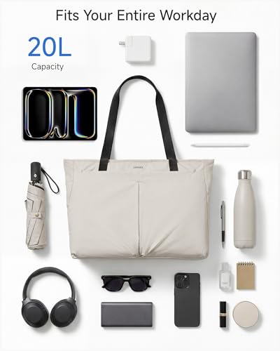 LUGGEX Laptop Tote Bag,13-16 Inch Laptop Lightweight Work Tote, 20L Water-Resistant Nylon Computer Shoulder Bag with Padded Sleeve, Bottle Holders & Luggage Strap (LTX04, Beige)