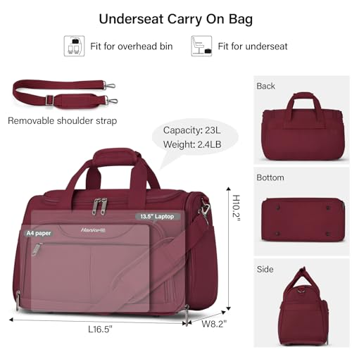 Hanke Underseat Carry On luggage Bags for Travel, Foldable Travel Bags for Women, Soft Lightweight Personal Item Travel Bag Small Carry On Bags for Airplanes, Travel Tote Bags for Women Men.（Burgundy）